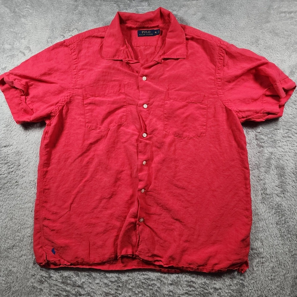Polo Ralph Lauren Shirt Mens XL Red Solid Linen Silk Short Sleeve Button Casual
